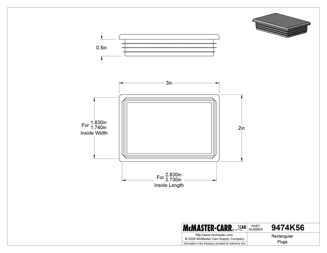 Technical Drawing of Rectangular Plugs, Snap-in, for 2.73"-2.83" Long x 1.74"-1.83" Wide Inside.